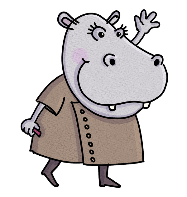 A cartoon hippopotamus character called Hippodental wearing a brown button-front dentist tunic, waving one hand against a plain white background.
